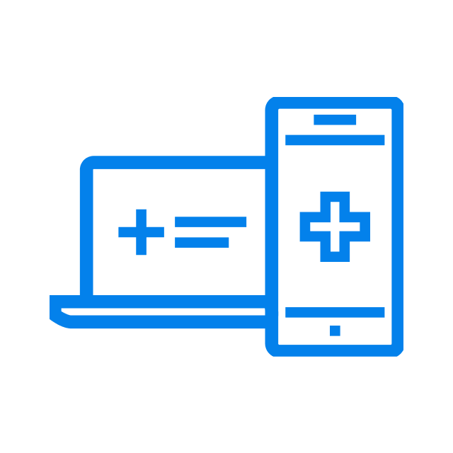 Icon of a mobile phone and laptop with a cross on each screen to represent healthcare.